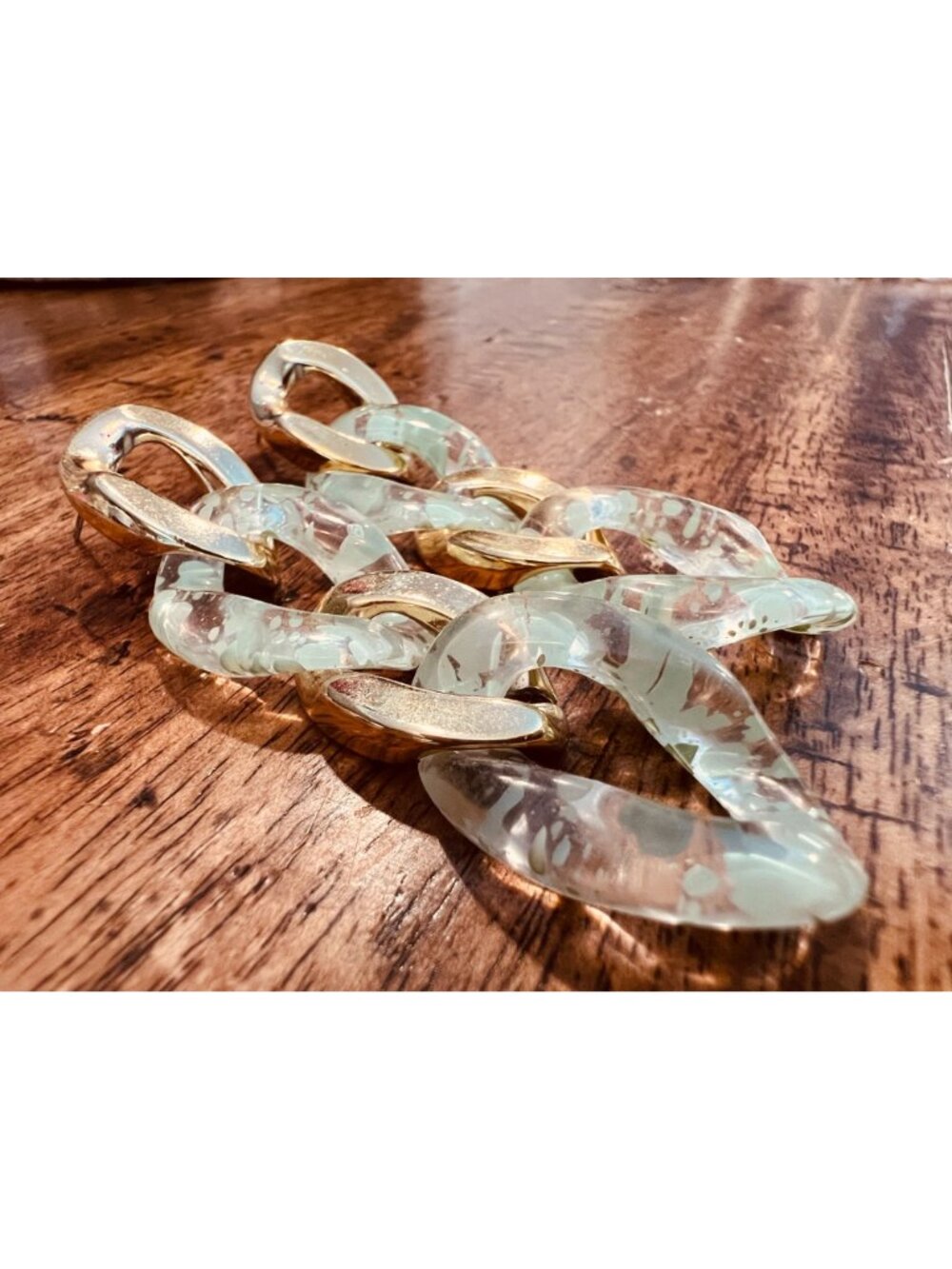 Chunky Gold & Resin Link Drop Earrings Lightweight Statement Jewelry Abstract Sp - Picture 2 of 3
